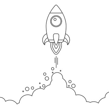 Minimalistic Rocket Launch Line Icon. Rocket Illustration With Clouds, Space And Launch Fire, Line Art.