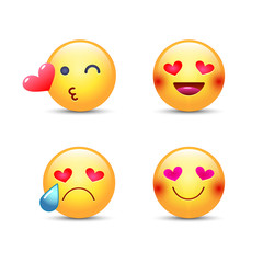 Love emoticon vector set. Cute cartoon emoji face in love, kissing, crying and laughing. Happy fun smiley for chat, application.