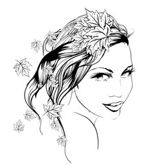 Fototapeta premium Autumn style. Vector girl with autumn leaves in long hair