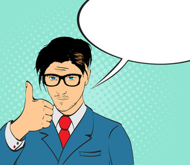 Pop art man. Young handsome man in glasses. Vector illustration in retro comic style. Vector pop art background.