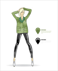 Sketch. Fashionable girl in breeches and jacket. Collection autumn-winter of 2017.