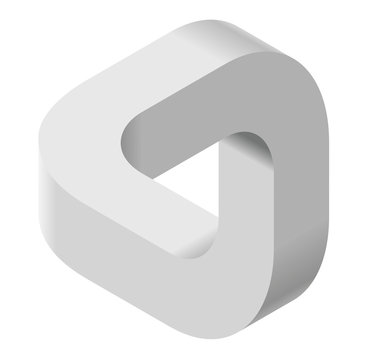 Abstract curved vector shape reminiscent of technological development, nanotechnology component. Isometric brand of scientific institution, research center, laboratories, spatial paradox.
