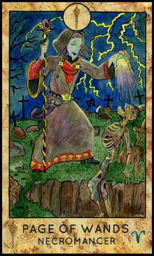 Necromancer or warlock. Minor Arcana Tarot Card. Page of Wands
