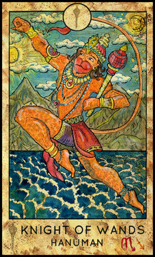 Hanuman, hindu god. Minor Arcana Tarot Card. Knight of Wands