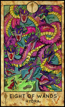 Hydra, greece monster. Minor Arcana Tarot Card. Eight of Wands