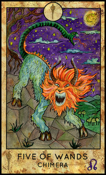 Chimera beast. Minor Arcana Tarot Card. Five of Wands.