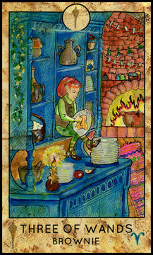 Brownie gnome. Minor Arcana Tarot Card. Three of Wands