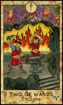 Cyclops. Minor Arcana Tarot Card. Two of Wands