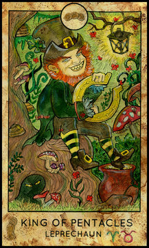 Leprechaun. Minor Arcana Tarot Card. King of Pentacles