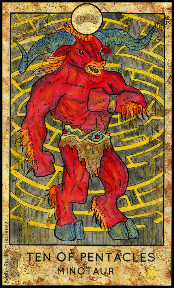 Wall mural Minotaur. Greece mythology creature. Minor Arcana Tarot Card. Ten of Pentacles