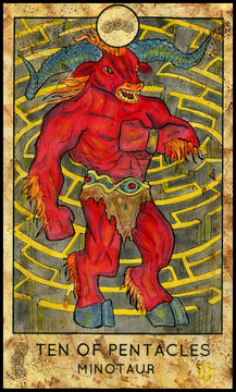 Minotaur. Greece mythology creature. Minor Arcana Tarot Card. Ten of Pentacles