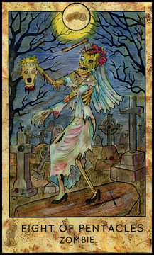 Zombie bride. Minor Arcana Tarot Card. Eight of Pentacles