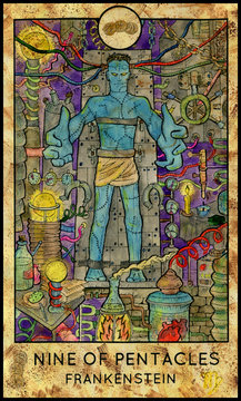 Frankenstein. Laboratory monster. Minor Arcana Tarot Card. Nine of Pentacles