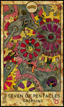 Gremlins or gnomes. Minor Arcana Tarot Card. Seven of Pentacles