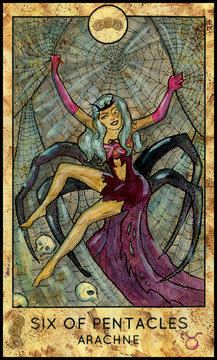Arachne. Greece mythology creature. Minor Arcana Tarot Card. Six of Pentacles