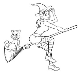 Halloween Witch and Cat Flying on Broomstick