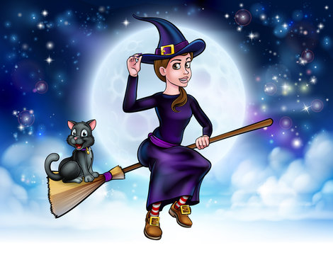 Halloween Witch and Cat on Broomstick