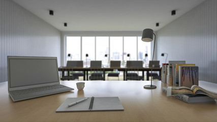 3d rendering of working table with depth of field photo