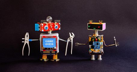 Robotic maintenance service repair concept. Creative design handyman robots, pliers screwdriver...