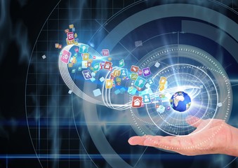 hand with earth over and application icons coming up from it.