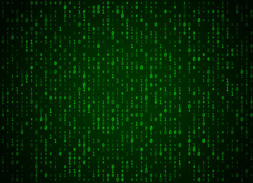Vector binary code green background. Big data and programming hacking, deep decryption and encryption, computer streaming numbers 1,0. Coding or Hacker concept