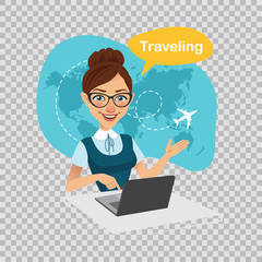 Trip to World.Travel to World.Travel agency banner.Travel agent works on laptop. Illustration on transparent background.