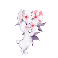  Rabbit and flowers. Watercolor illustration. Isolated on white background