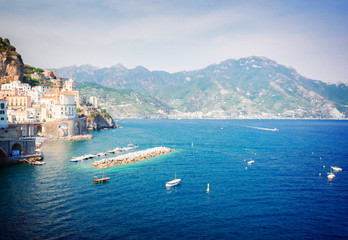 Amalfi summer coast and Tyrrhenian sea, Italy, retro toned