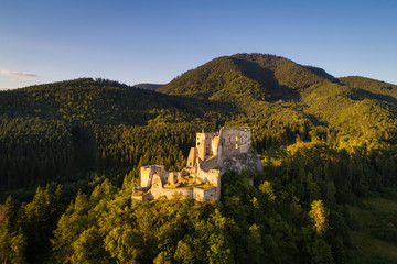 Abandoned ruins of a medieval castle in the forest