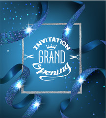 Elegant blue grand opening invitation card with blue ribbons with pattern and silver frame. Vector illustration