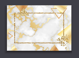 Golden invitation or brochure, banner, marble background in trendy minimalistic geometric style with triangles, gold lines, textures, granite, glitter, frame, vector fashion wallpaper, poster