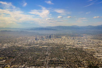 Aerial view of downtown, view from window seat in an airplane