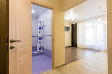 Interior of studio apartment, open door to the bathroom and view of the room