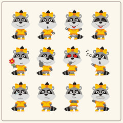 Set of charming little raccoon girl in various poses. Collection emoticons of isolated girls raccoon in cartoon style.