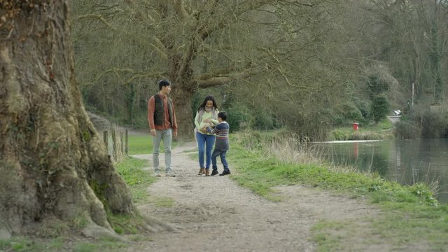  Happy family walking in the country, parents expecting baby with little boy