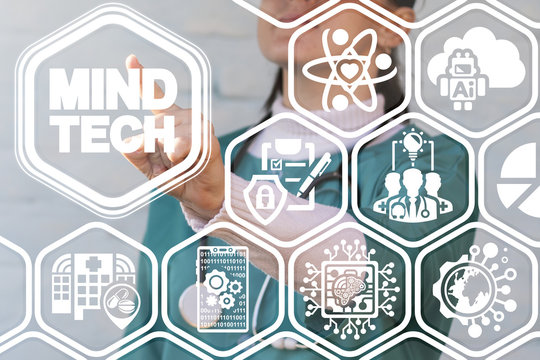 Mind Tech Medicine -introduction and use of information technologies. Thinking Health Care. Young female doctor using virtual touchscreen with mind tech text button. - Powered by Adobe