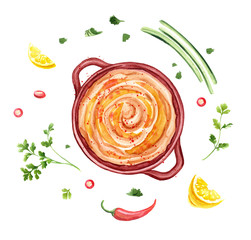 hummus, arabic cuisine dish, chickpeas puree. Watercolor illustration for menu, recipe, cookbook
