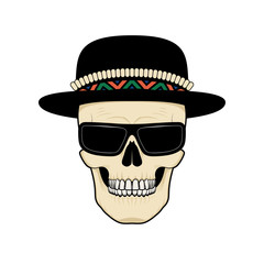 Graphic illustration of skull in hat and sunglasses