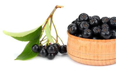 Chokeberry with leaf in wooden bowl isolated on white background. Black aronia
