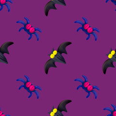 Handmade vector plasticine seamless pattern for Halloween isolated on pink background. Can be used for printing on textile, pattern fills, textures or gift wrap and wallpapers