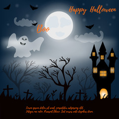 Halloween night background with creepy house, ghost, cemetery