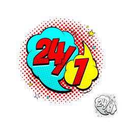 Open 24/7 Hours Yellow and Blue Comic Speech Bubble. Dynamic cartoon symbol isolated on white background. Vector Illustration in Pop Art Style.