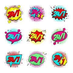 Foto op Plexiglas Set of Color Comic Speech Bubbles Open 24/7 Hours. Collection of Dynamic Cartoon Symbols Isolated on White Background. Vector Illustration in Pop Art Style. © Yaran