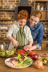 son helping mother cooking dinner