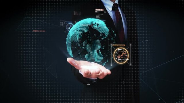 Businessman open palm, Digital signal makes World map, Rounded digital earth, Global network connection,international technology.