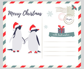 Obraz premium Christmas, New Year greeting card with penguins