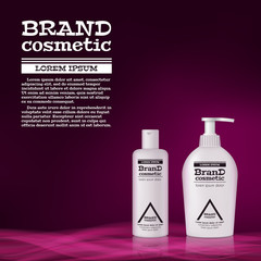 3D realistic cosmetic bottle ads template. Cosmetic brand advertising concept design with abstract glowing waves