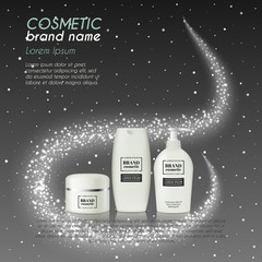 3D realistic cosmetic bottle ads template. Cosmetic brand advertising concept design with glittering dust background