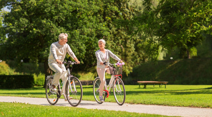 happy senior couple riding bicycles at summer park - obrazy, fototapety, plakaty
