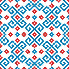 Blue meander ornament with red squares. Seamless pattern